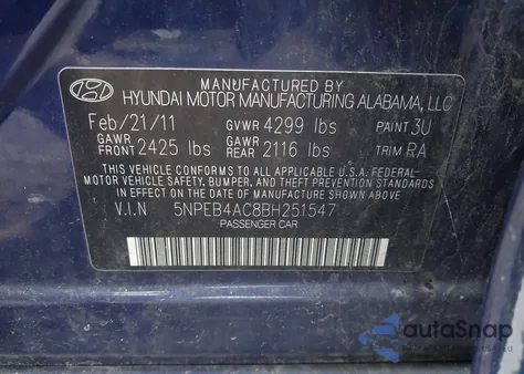 2011 Hyundai Sonata Gls z USA, uszkodzony, nr VIN 5NPEB4AC8BH251547